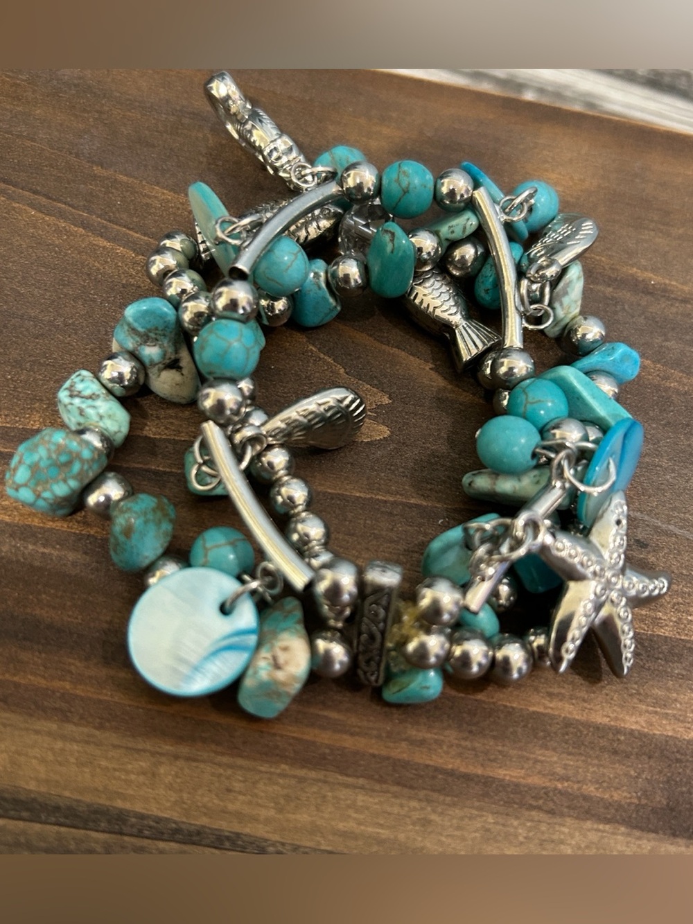 Vintage Multi Strand Blue Rock Stretch Bracelet Silver Ocean Charms Starfish